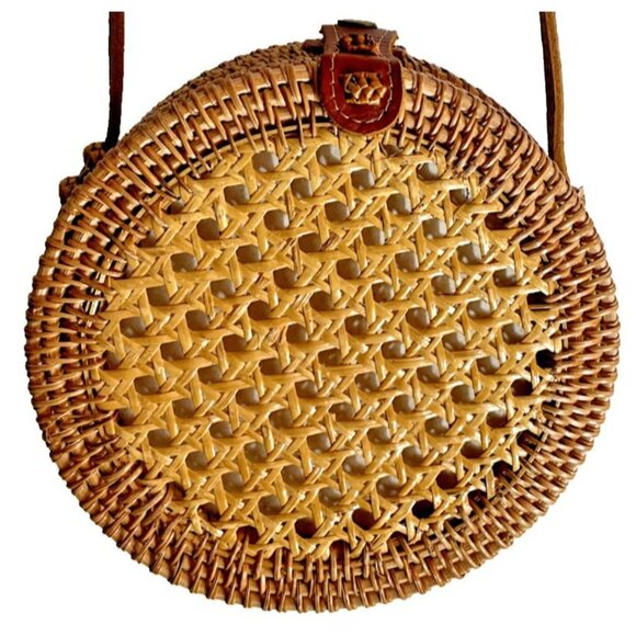 Round Rattan Woven Crossbody 8" Bag Purse Leather Strap& Closure Boho Bali Style - Picture 2 of 7
